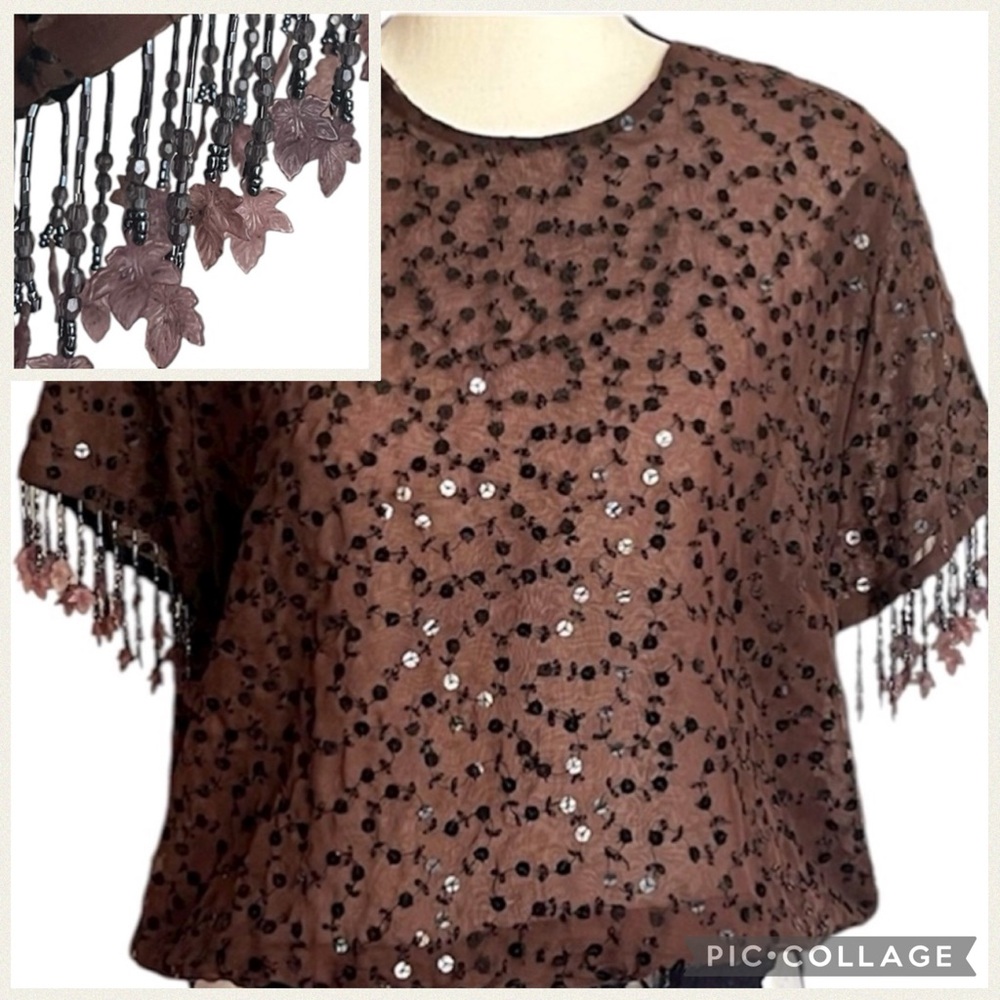 Sequin Beaded Sequin Chocolate Brown Bodysuit Medium Fringe Fall Holiday USA - Picture 2 of 13